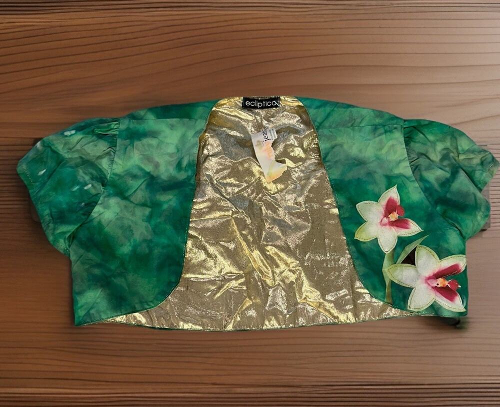 VTG Y2K Bolero Fairy Top Cropped Pretty Green Flower Gold Lined Ecliptica M